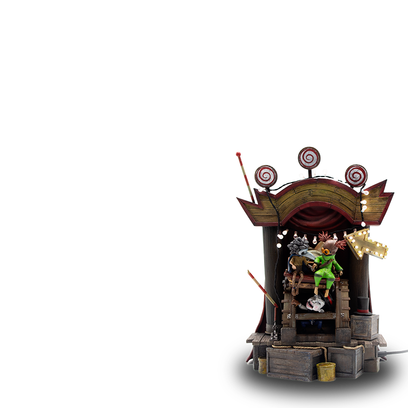 Little Nightmares III hand-painted diorama featuring Low and Alone chased by Puppets on a carnival ride with LED lights