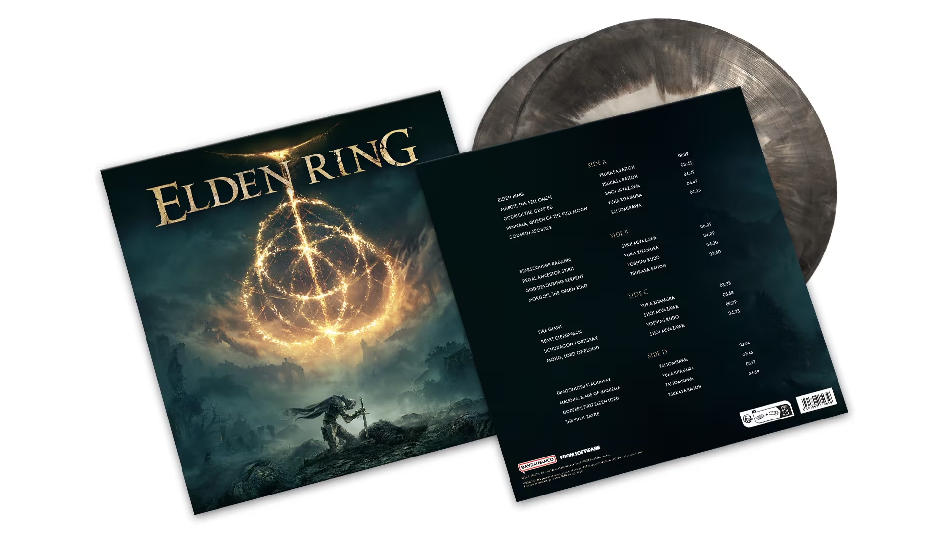 Elden Ring official vinyl soundtrack with golden Elden Ring logo and tracklist on marbled disc