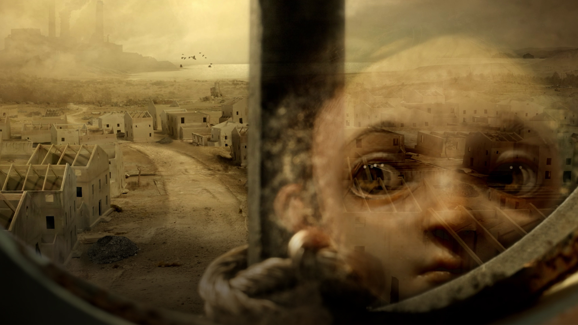 Little Nightmares stop-motion project teaser - Close-up of character's eye peering through wooden planks with desert village backdrop