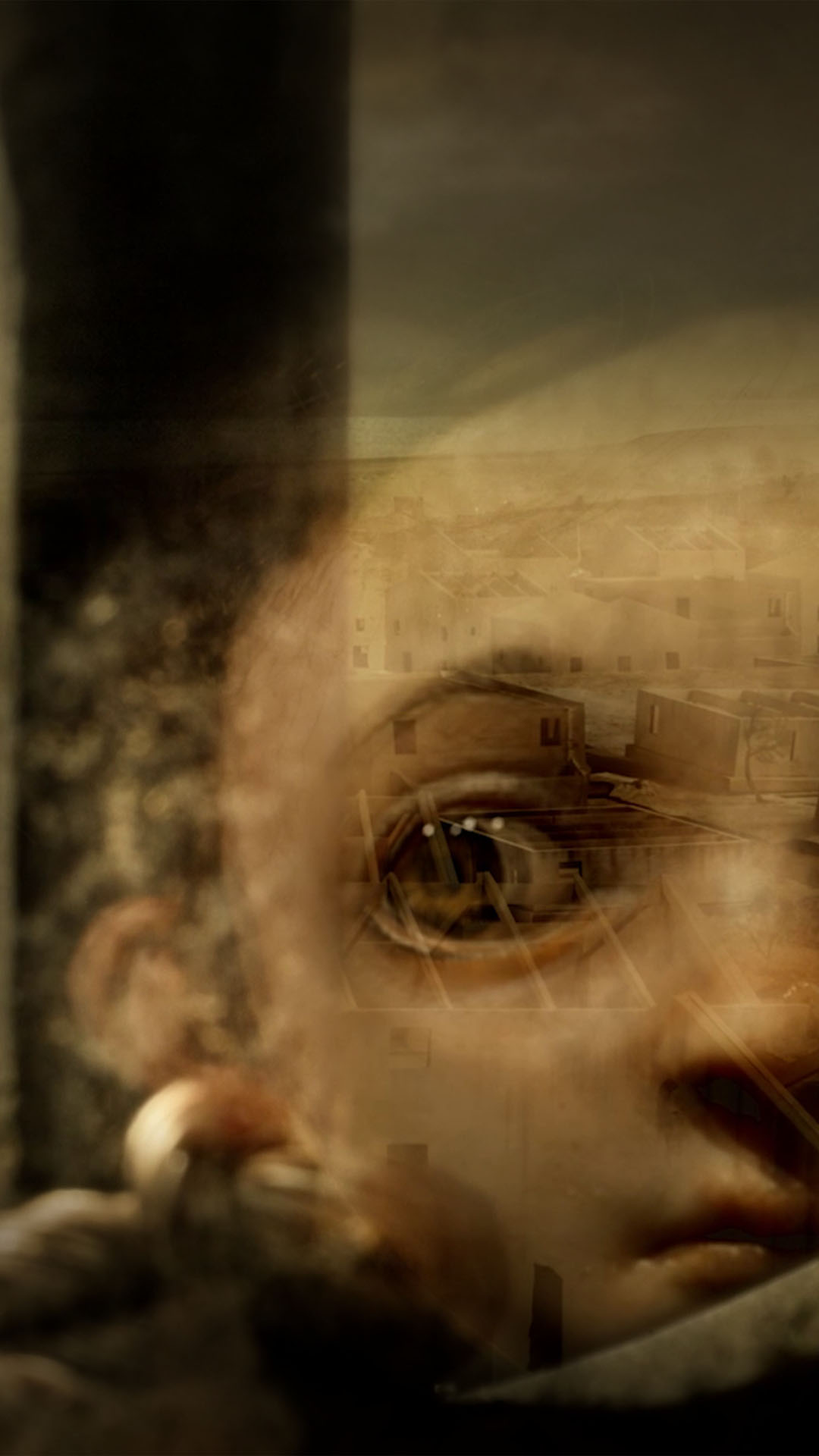 Little Nightmares stop-motion teaser - Haunting close-up of character's eye reflecting abandoned buildings in sepia tones