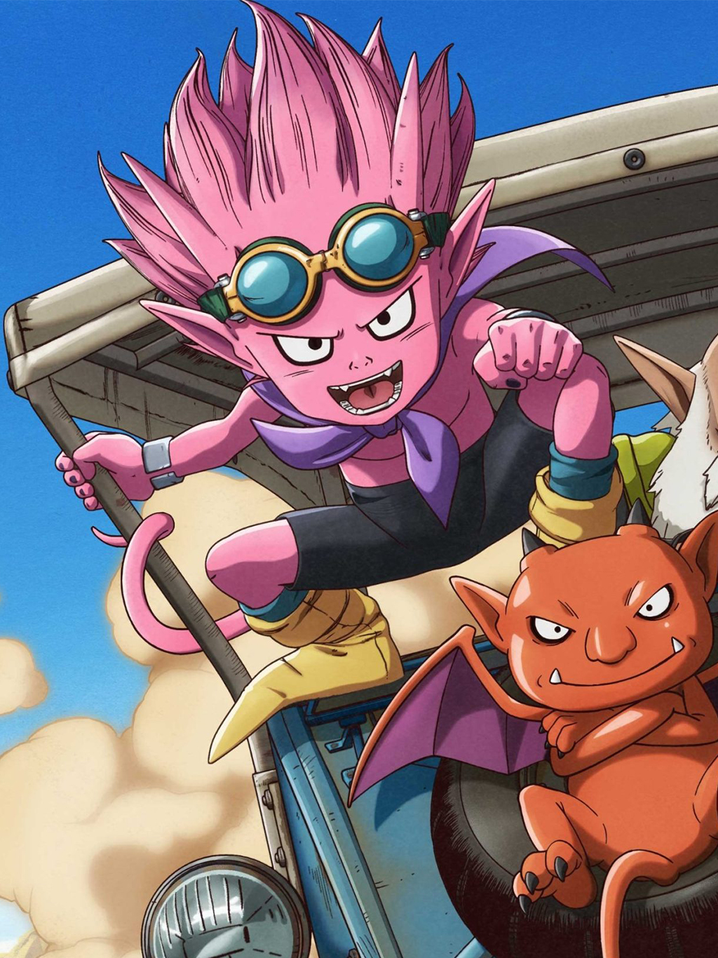 Sand Land anime Beelzebub character with pink spiky hair and goggles driving desert vehicle with orange demon companion