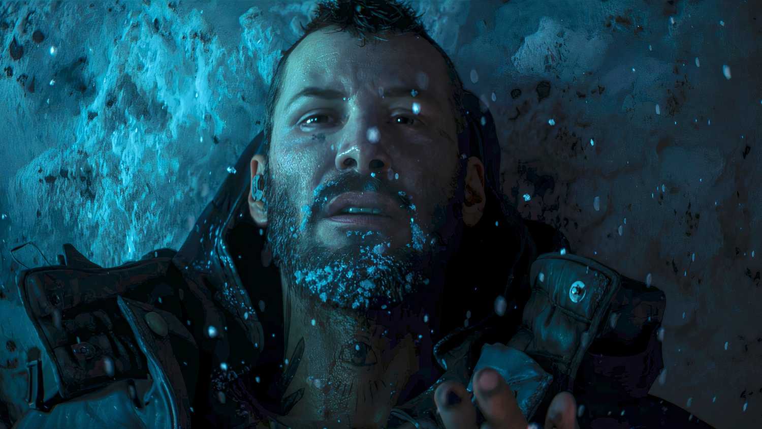 Keanu Reeves as a mech pilot character from Secret Level's Armored Core episode 'Asset Management', showing his face covered in blue luminescent particles underwater or in a submerged cockpit