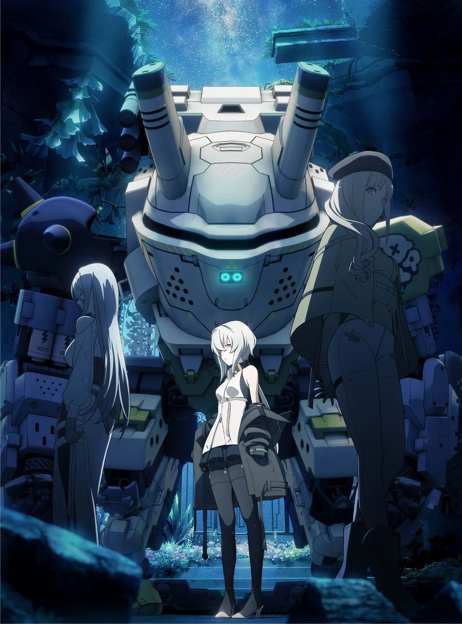 Synduality Noir anime poster featuring Magus Noir with white hair standing before giant white mech robot in underwater blue-tinted post-apocalyptic setting