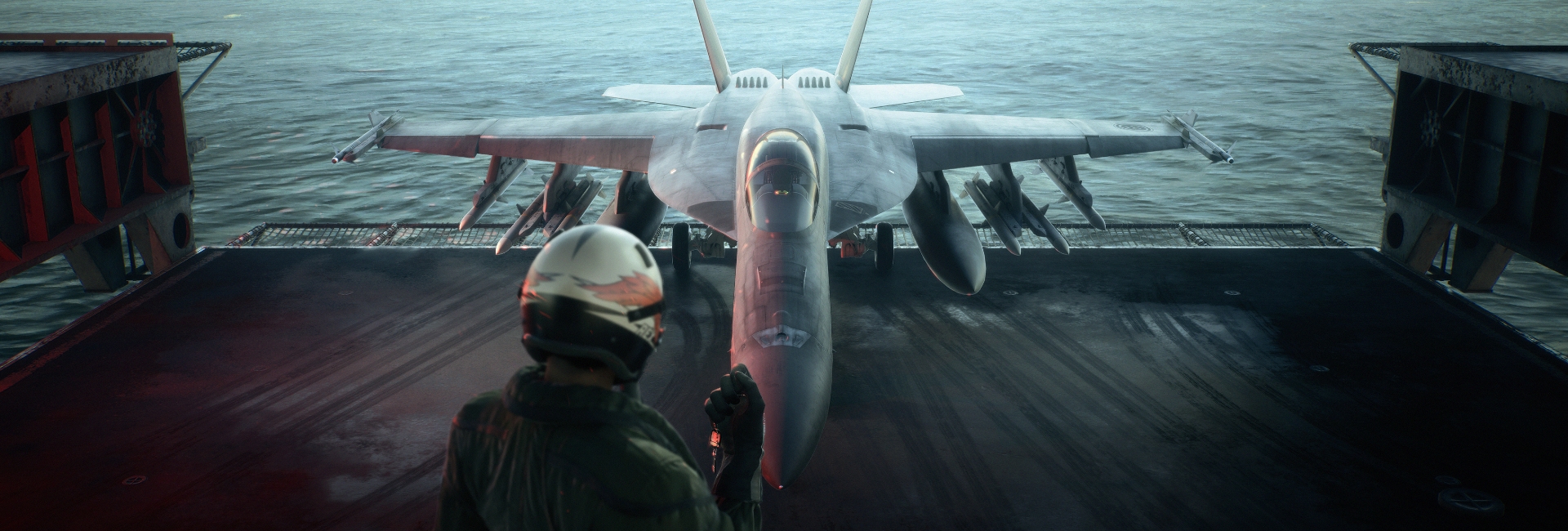 Ace Combat 8: Wings of Theve - Fighter jet on aircraft carrier deck with pilot in flight gear