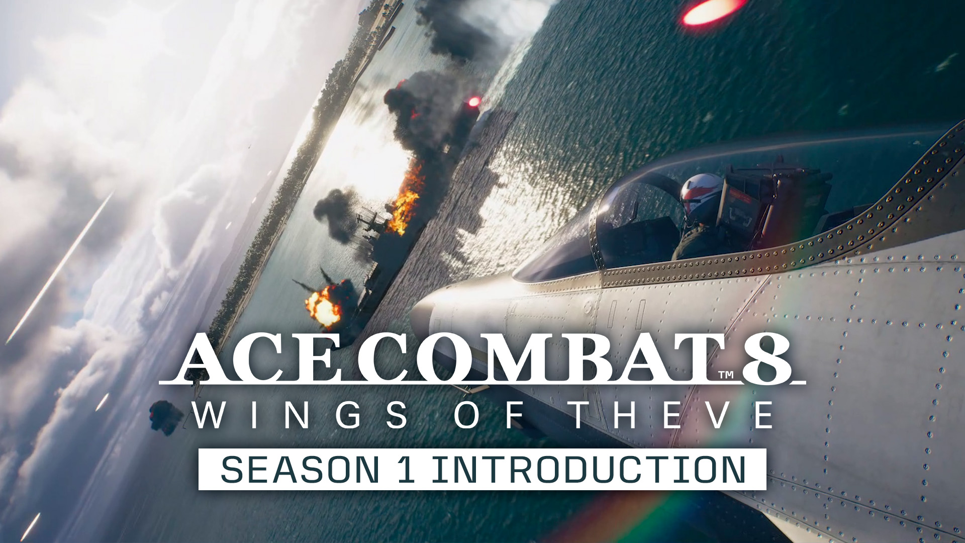 Ace Combat 8: Wings of Theve Season 1 introduction trailer still of fighter jet banking over burning ships at sea