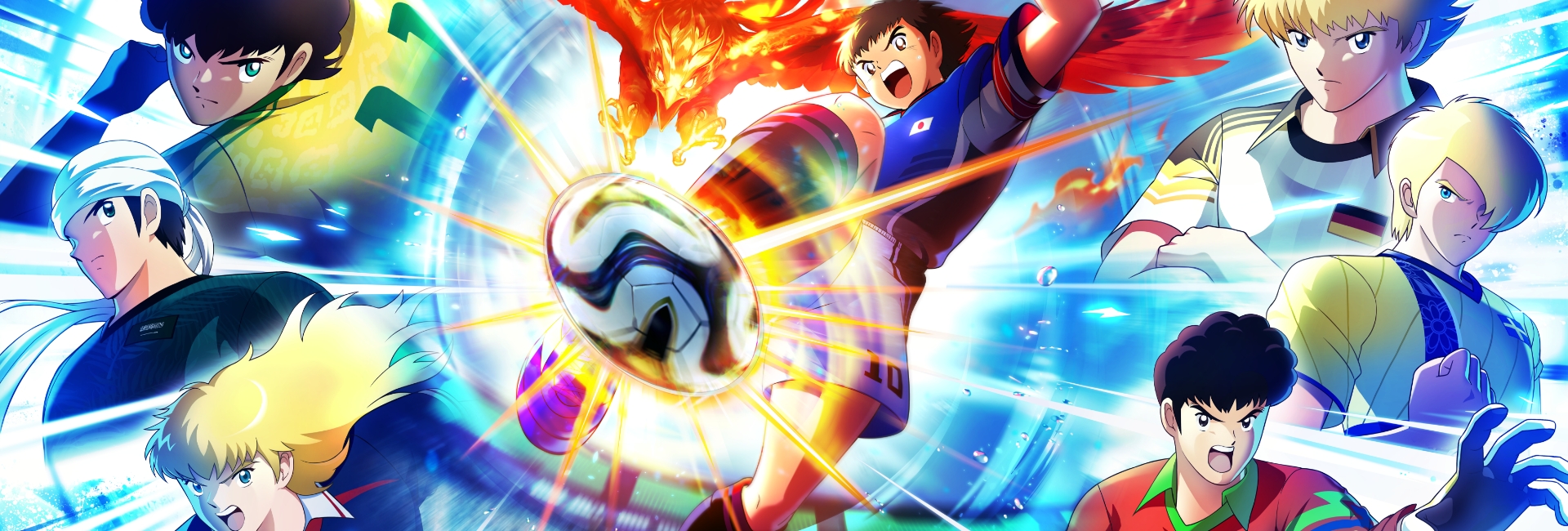Captain Tsubasa 2: World Fighters key art showing Tsubasa Ozora scoring a fiery phoenix bicycle kick