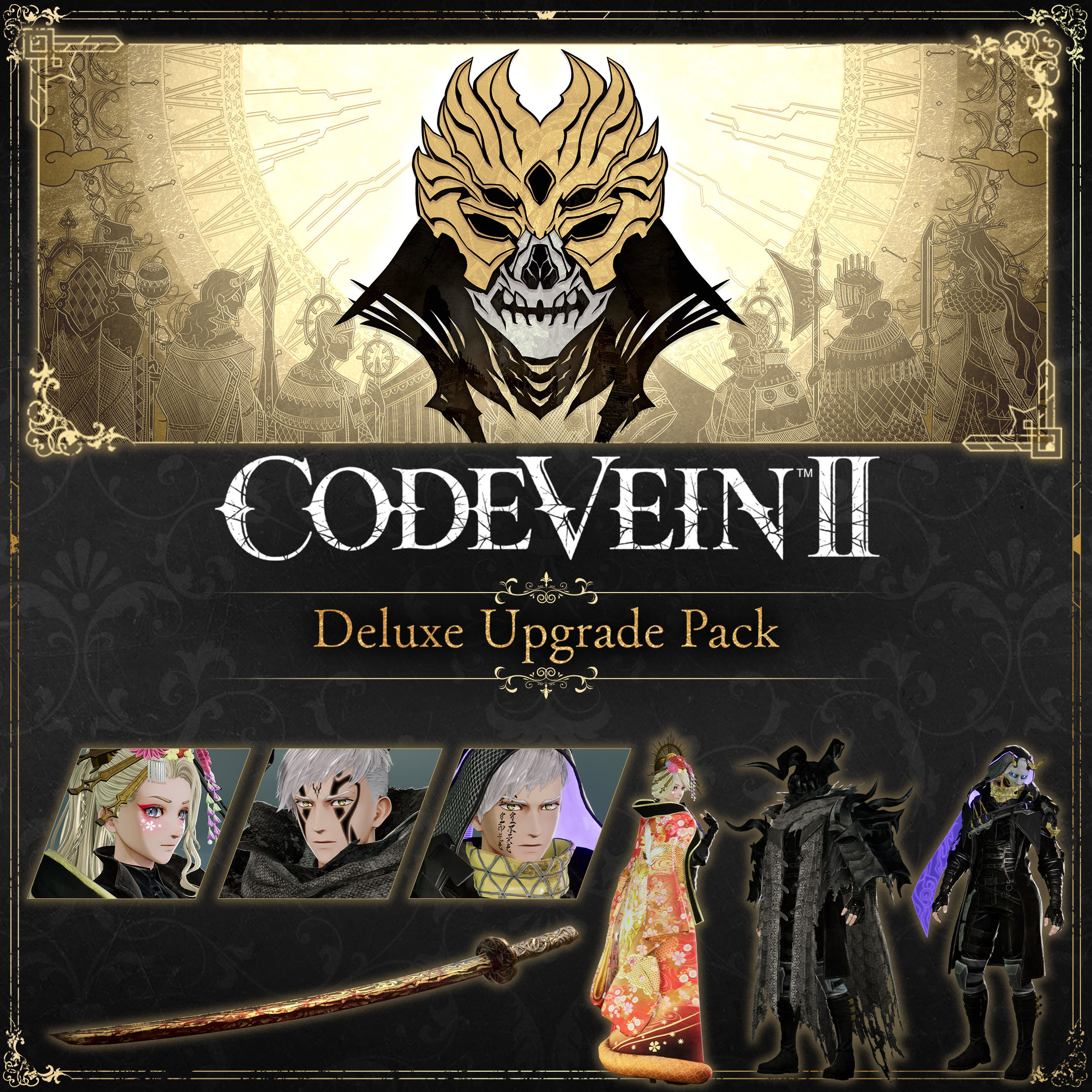 Code Vein II Deluxe Upgrade Pack featuring golden skull-masked character and exclusive cosmetics