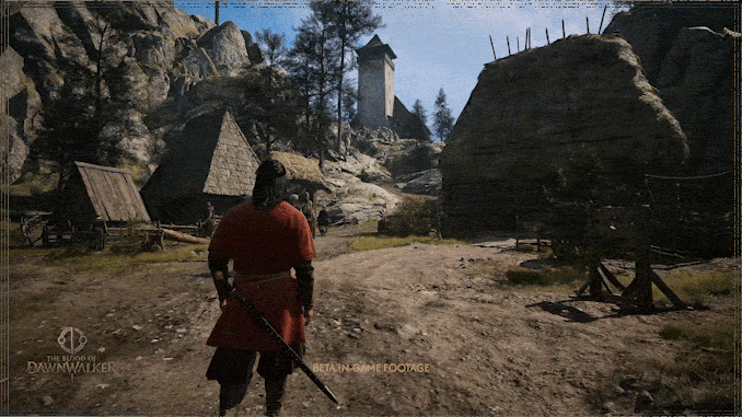 The Blood of Dawnwalker beta in-game: Coen esplora un villaggio medievale roccioso in un RPG open world