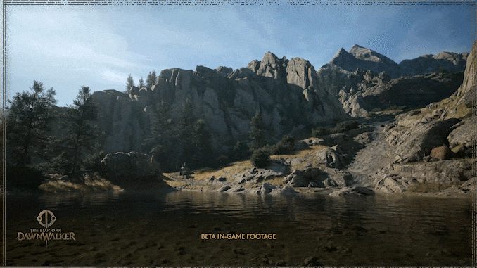 The Blood of Dawnwalker beta in-game: bioma montuoso roccioso con paesaggio fluviale soleggiato