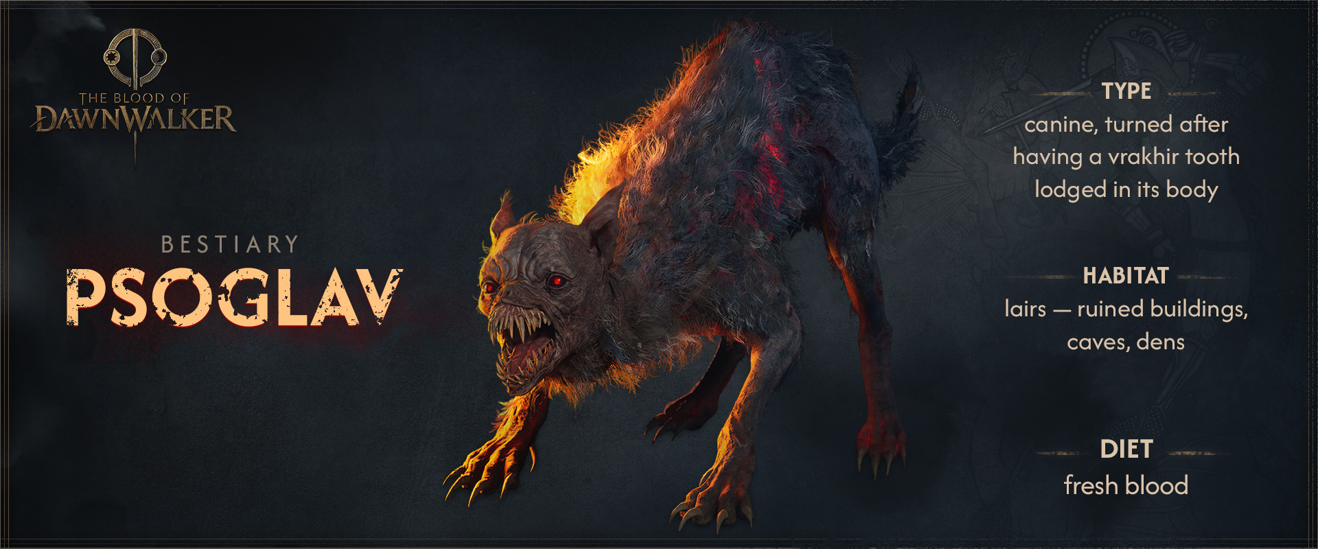The Blood of Dawnwalker Bestiary character art of the Psoglav, a corrupted canine dark fantasy enemy