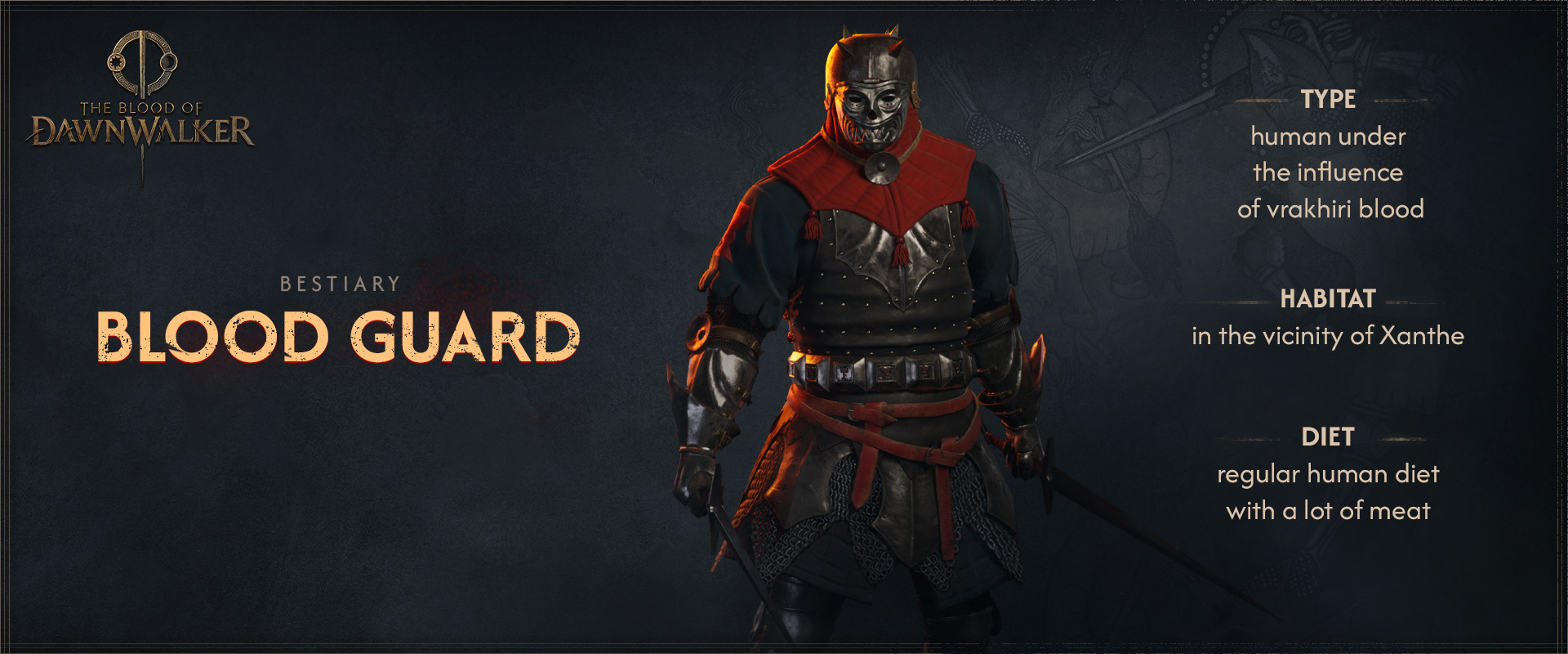 The Blood of Dawnwalker Bestiary character art of the Blood Guard enemy in dark fantasy armor and mask