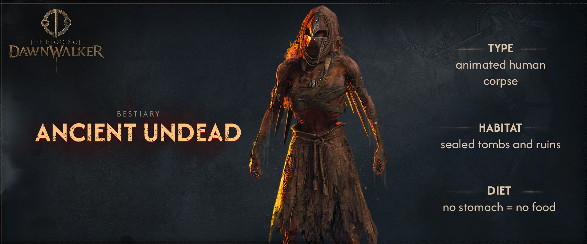 The Blood of Dawnwalker Bestiary character art of the Ancient Undead, a mummified dark fantasy enemy
