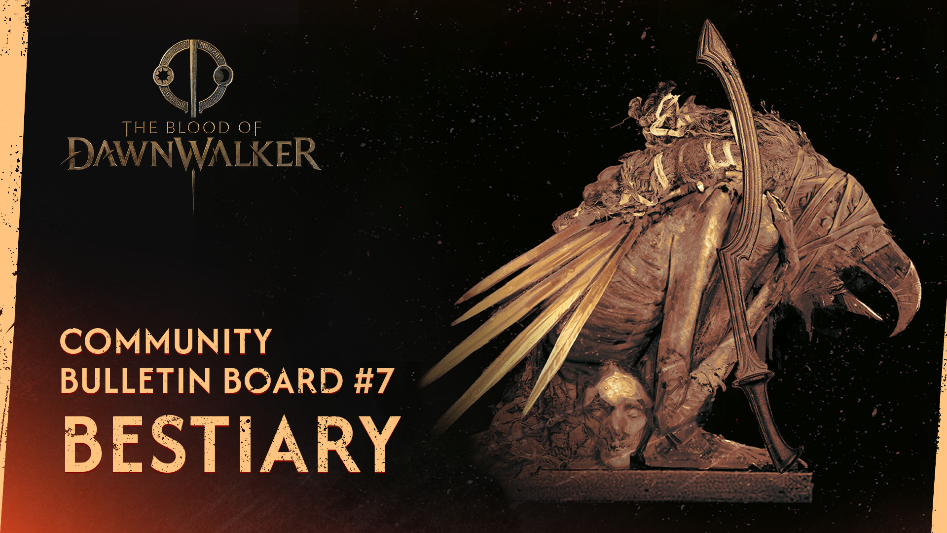 The Blood of Dawnwalker Community Bulletin Board 7 Bestiary promotional artwork featuring a dark fantasy creature sculpture