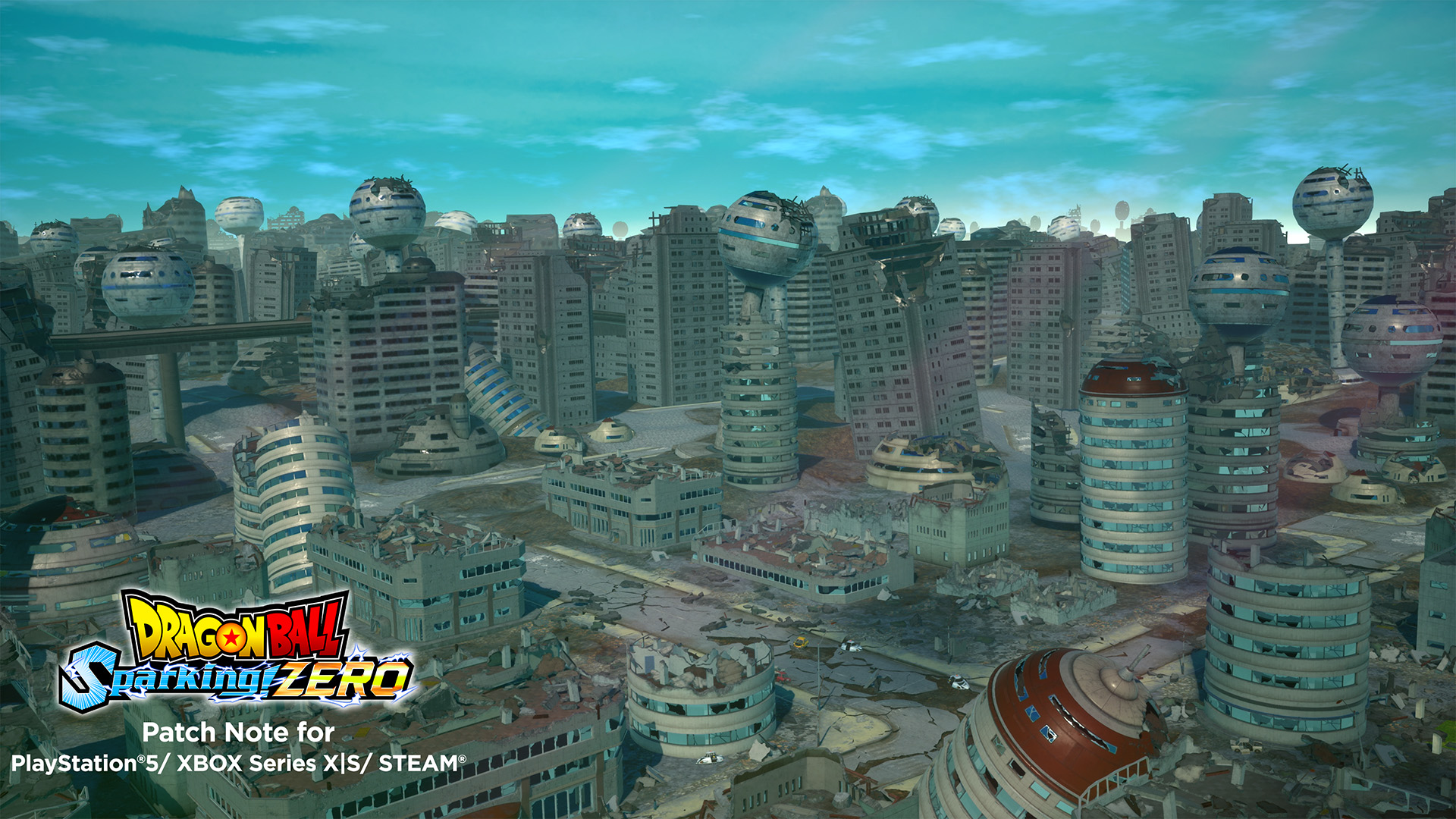 Dragon Ball Sparking! Zero destroyed futuristic cityscape artwork for PS5, Xbox, and Steam patch