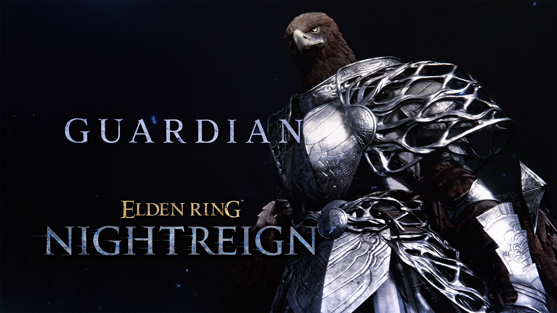Guardian character from Elden Ring Nightreign featuring an imposing eagle-headed warrior in ornate silver armor with intricate flowing metallic designs against a dark background. The character name 'GUARDIAN' appears prominently with the game title 'ELDEN RING NIGHTREIGN' displayed below in dramatic stylized typography.