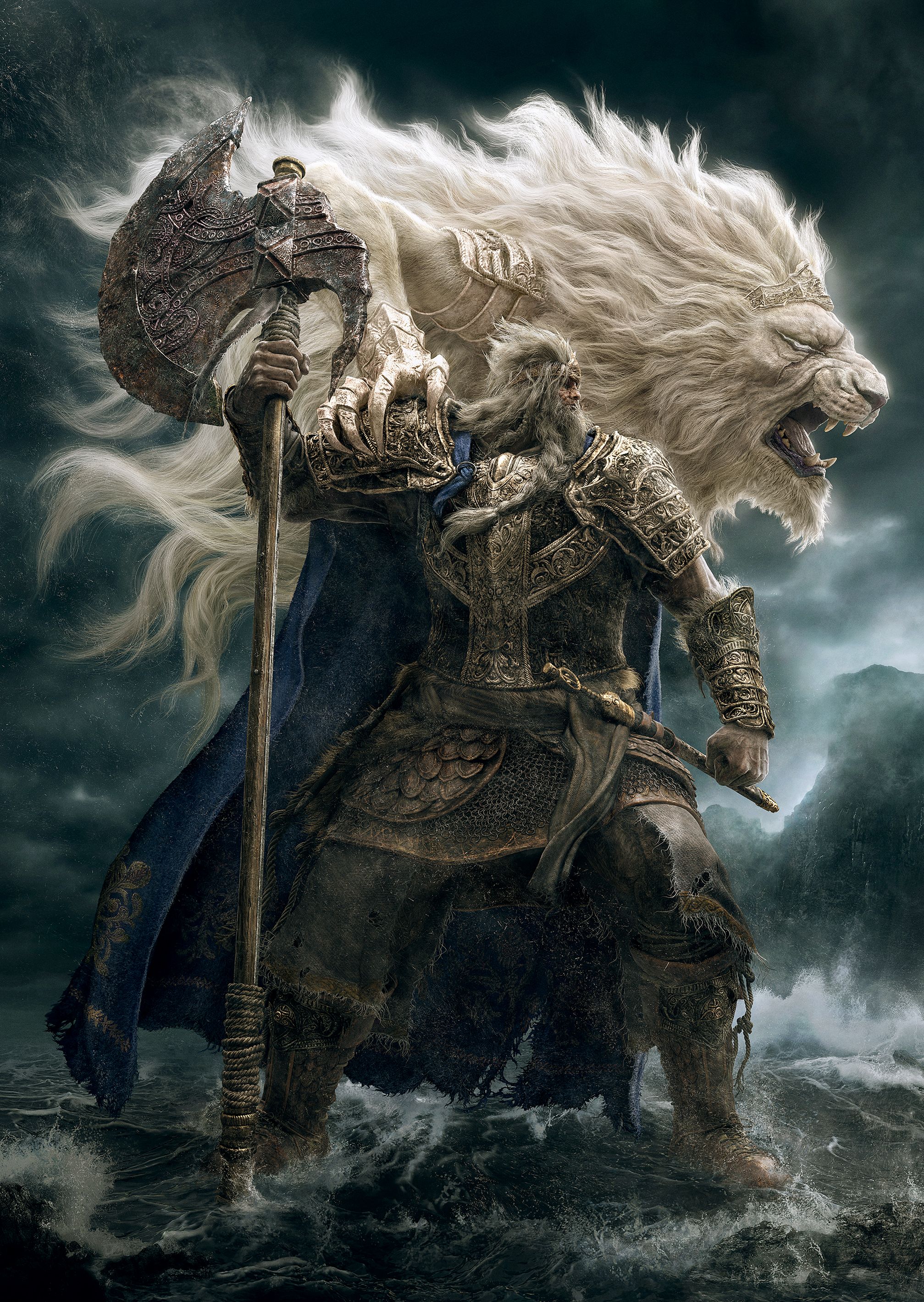 Godfrey in Elden Ring holding his axe before the late-game boss fight where players must learn stomps and Hoarah Loux grabs