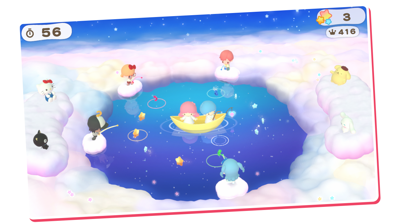 Mini-jeu dans les nuages avec des personnages Sanrio dans Hello Kitty Party Land