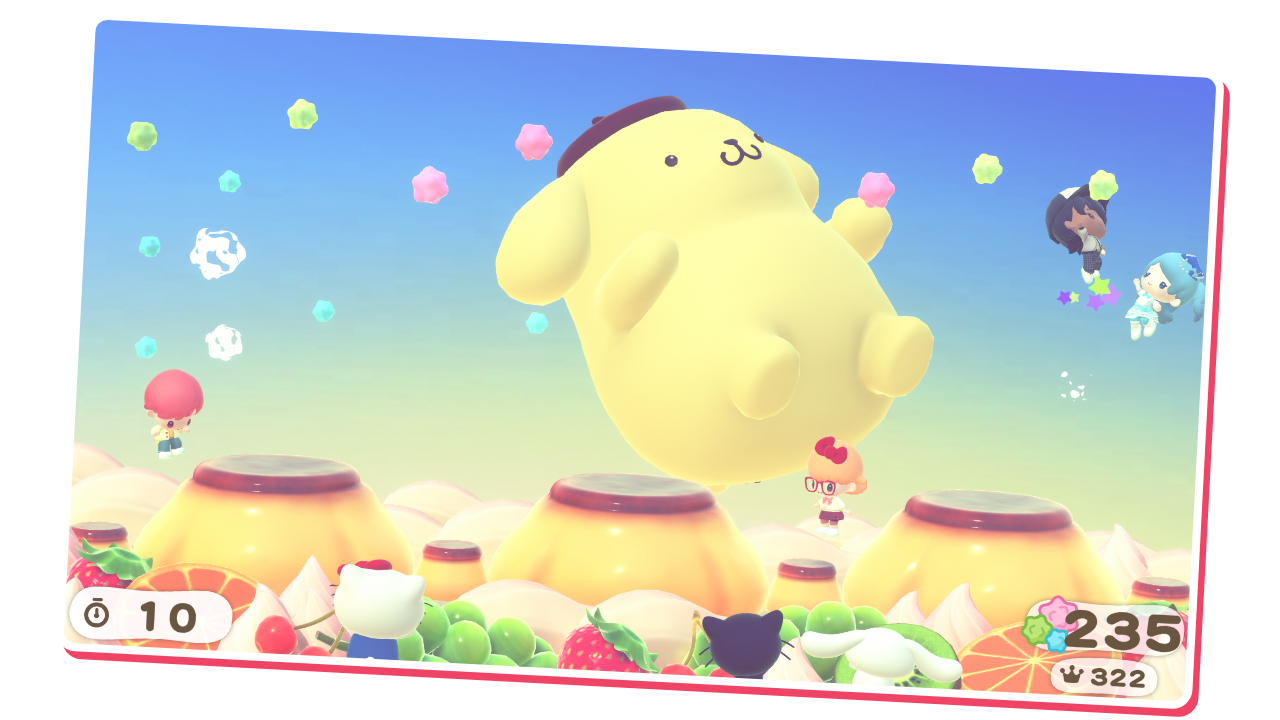Mini-jeu avec Pompompurin et plusieurs participants dans Hello Kitty Party Land
