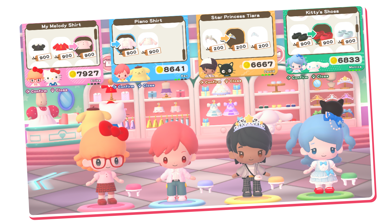 Écrans de vêtements et avatars personnalisés dans Hello Kitty Party Land
