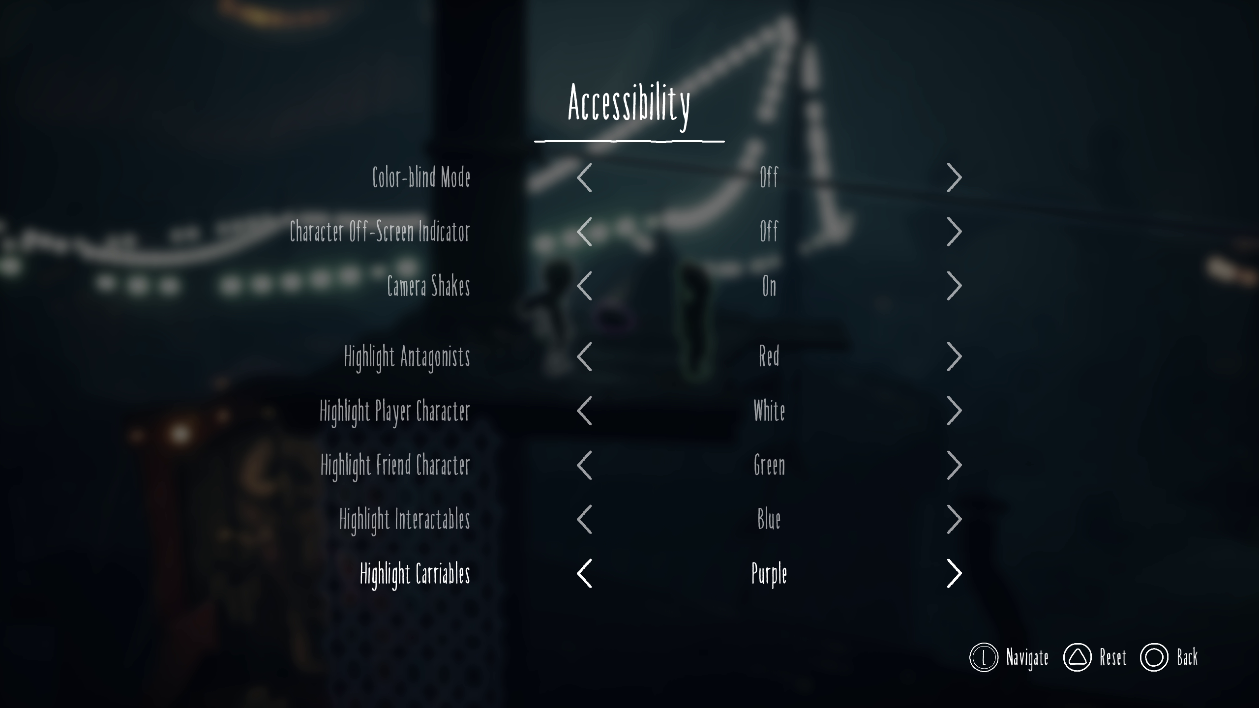 Little Nightmares III accessibility menu showing character and object highlight color options