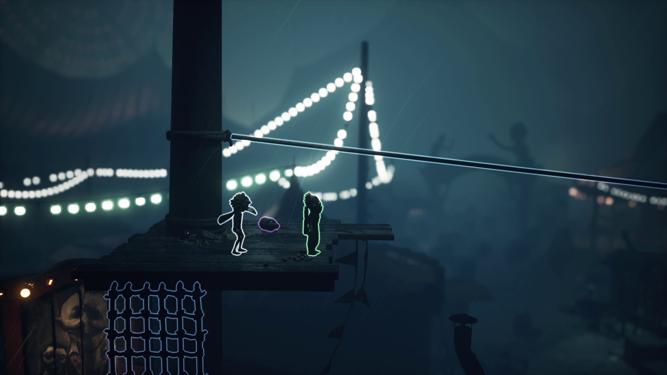Little Nightmares III gameplay screenshot showing two characters outlined in white and green in a dark environment