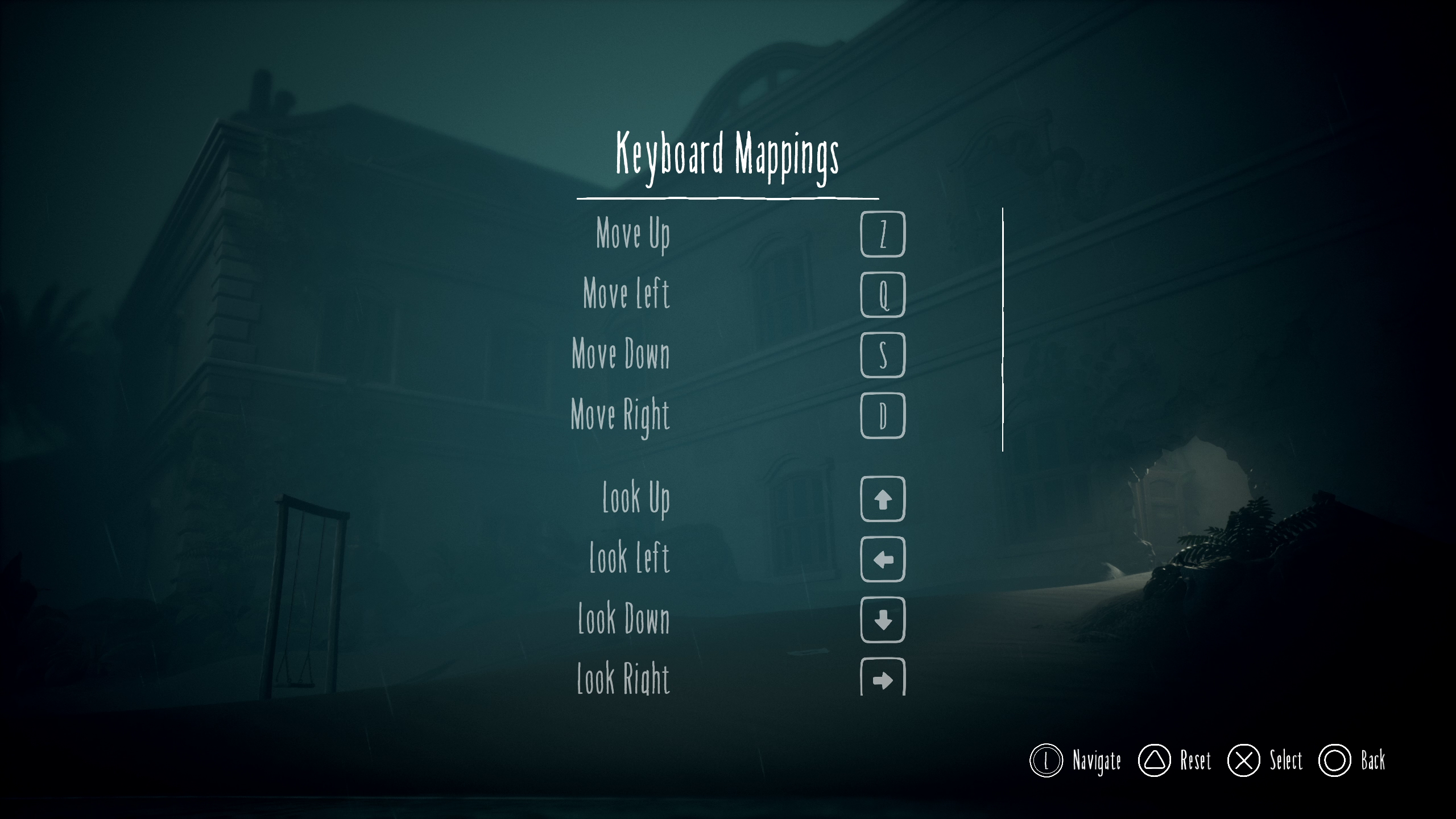 Little Nightmares III keyboard mappings menu showing key assignments for movement and camera controls