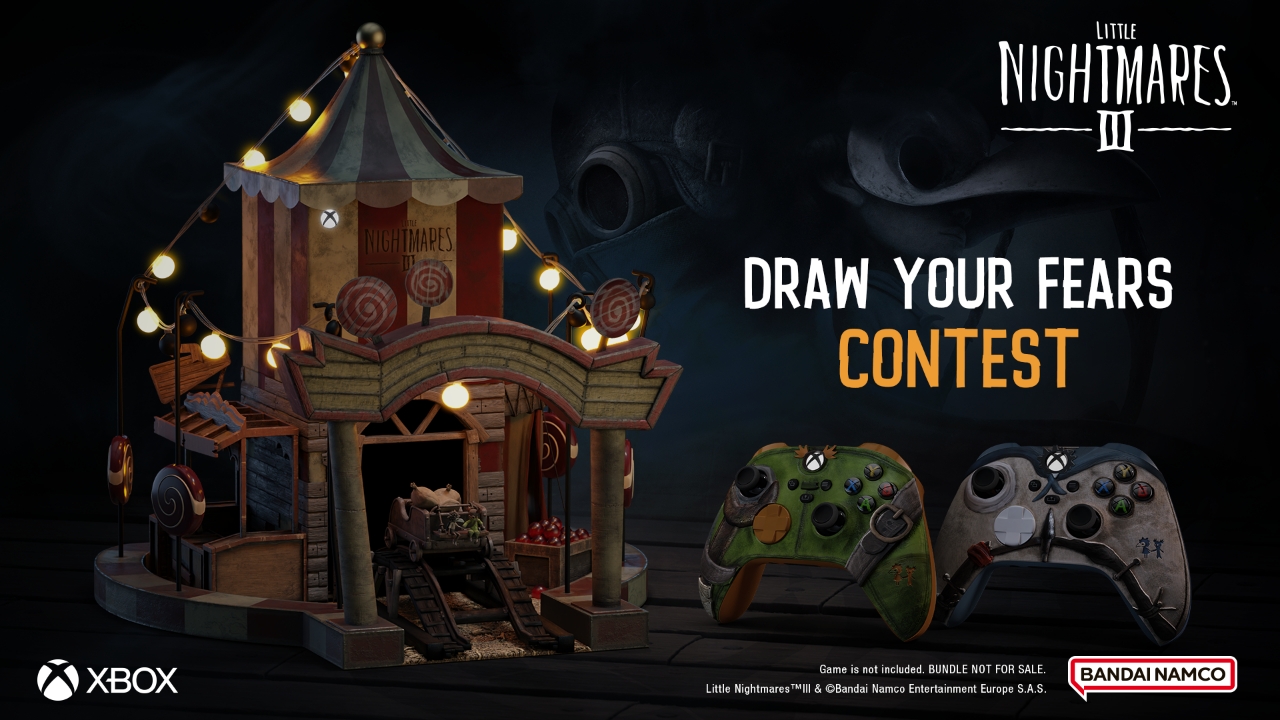 Little Nightmares III Draw Your Fears Contest featuring custom Xbox controllers and carnival booth