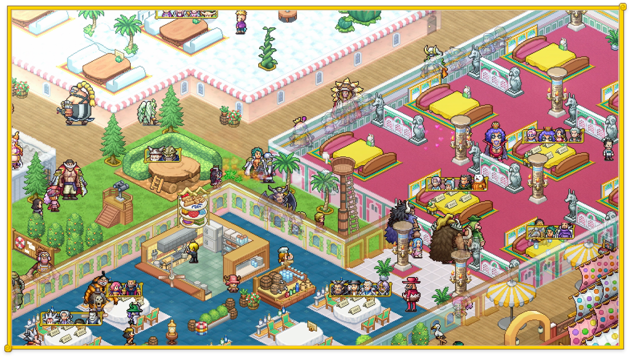 Vue en pixel art du restaurant et de ses clients dans ONE PIECE Grand Gourmet