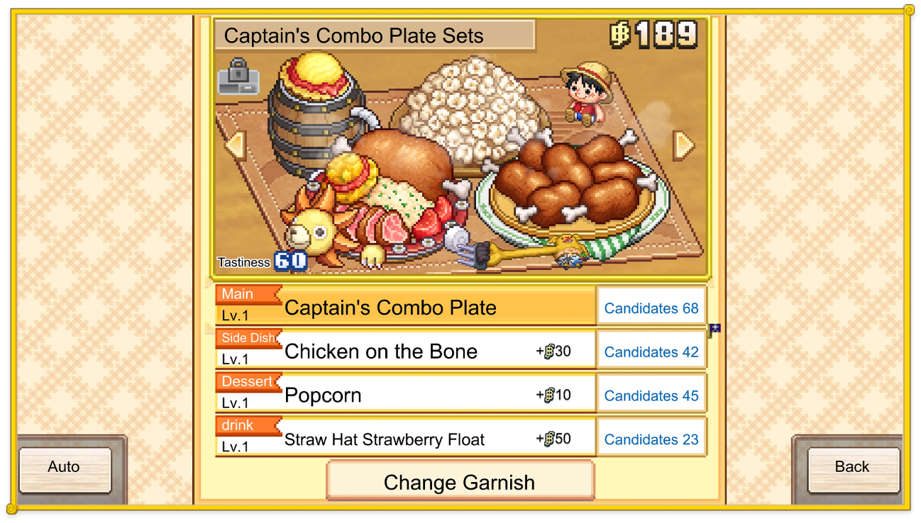 Écran de composition du menu avec Luffy dans ONE PIECE Grand Gourmet