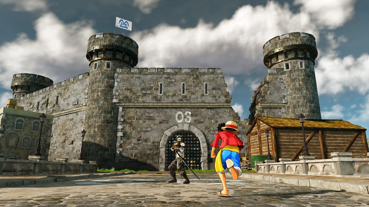 Luffy rushing through the Jade Bridge fortress