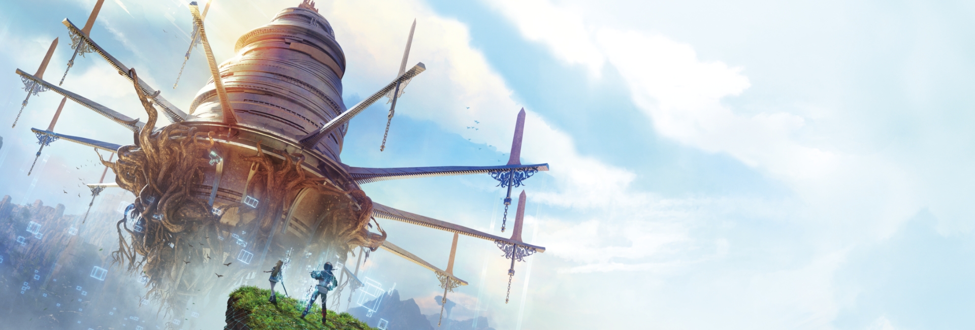 Echoes of Aincrad key art showing two players gazing at Aincrad floating castle surrounded by giant swords, Sword Art Online