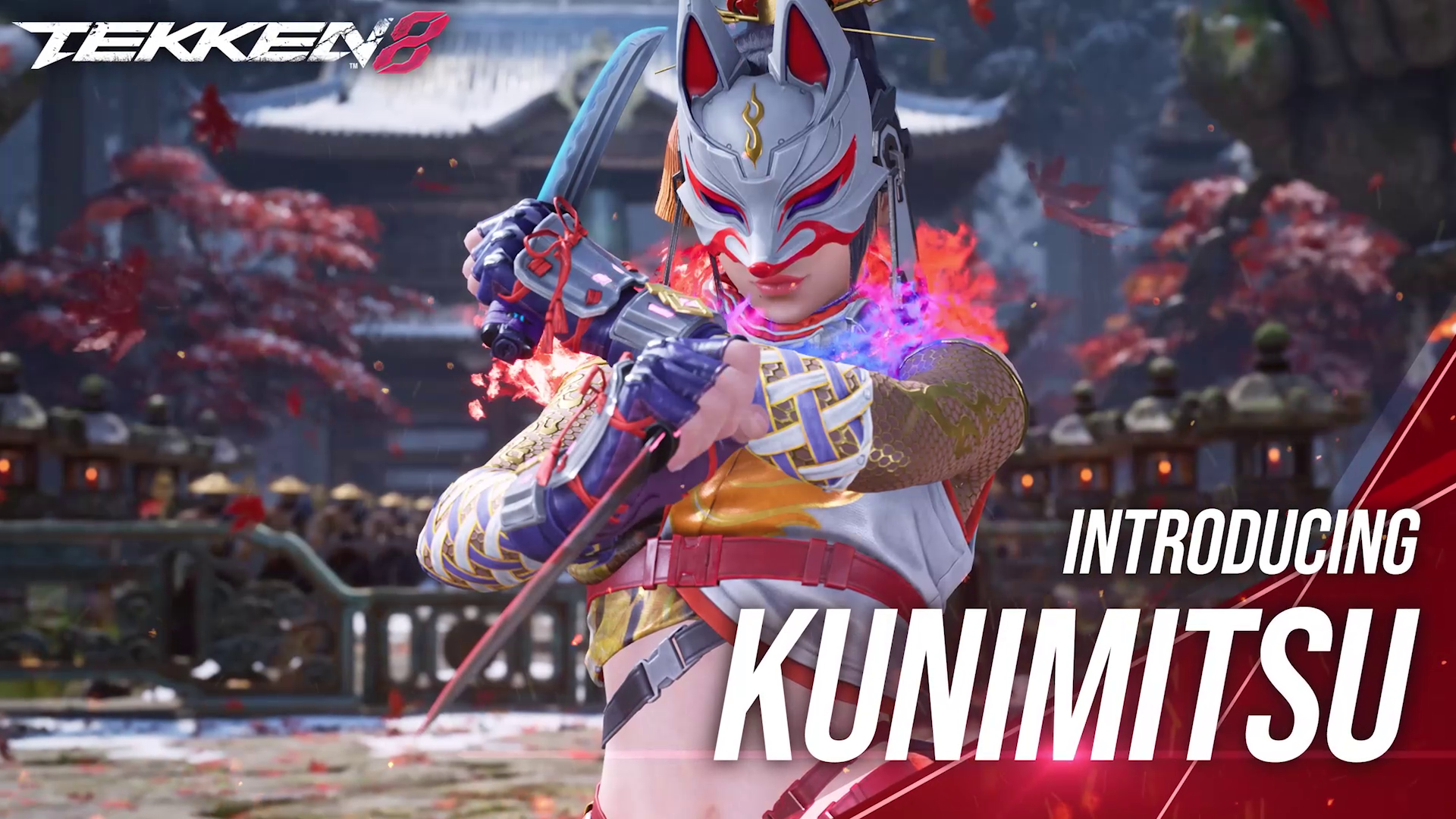 TEKKEN 8 character reveal trailer still of Kunimitsu in ninja battle stance with dual blades