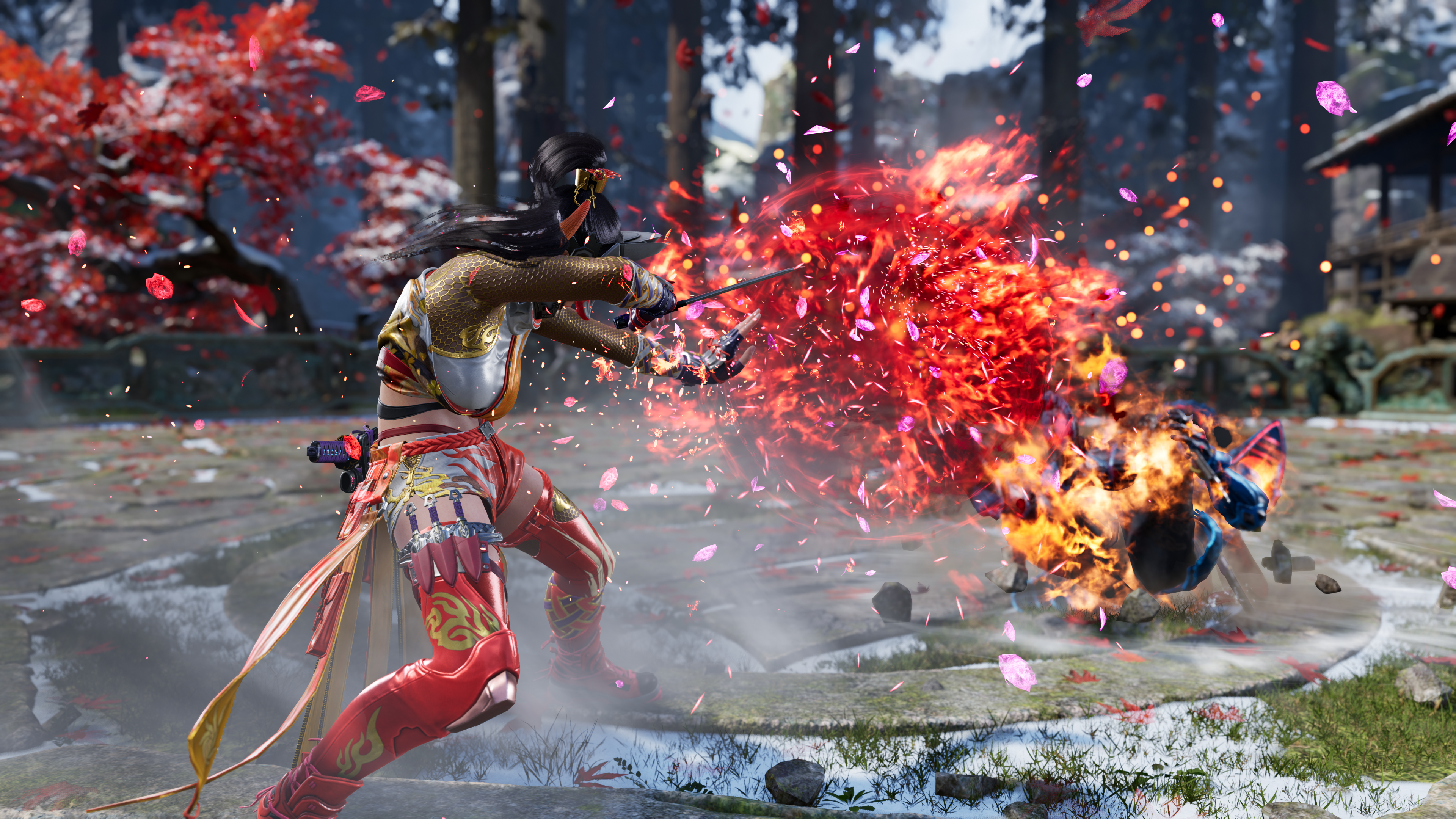 TEKKEN 8 in-game screenshot of Kunimitsu landing a fire-infused blade attack in a Japanese garden