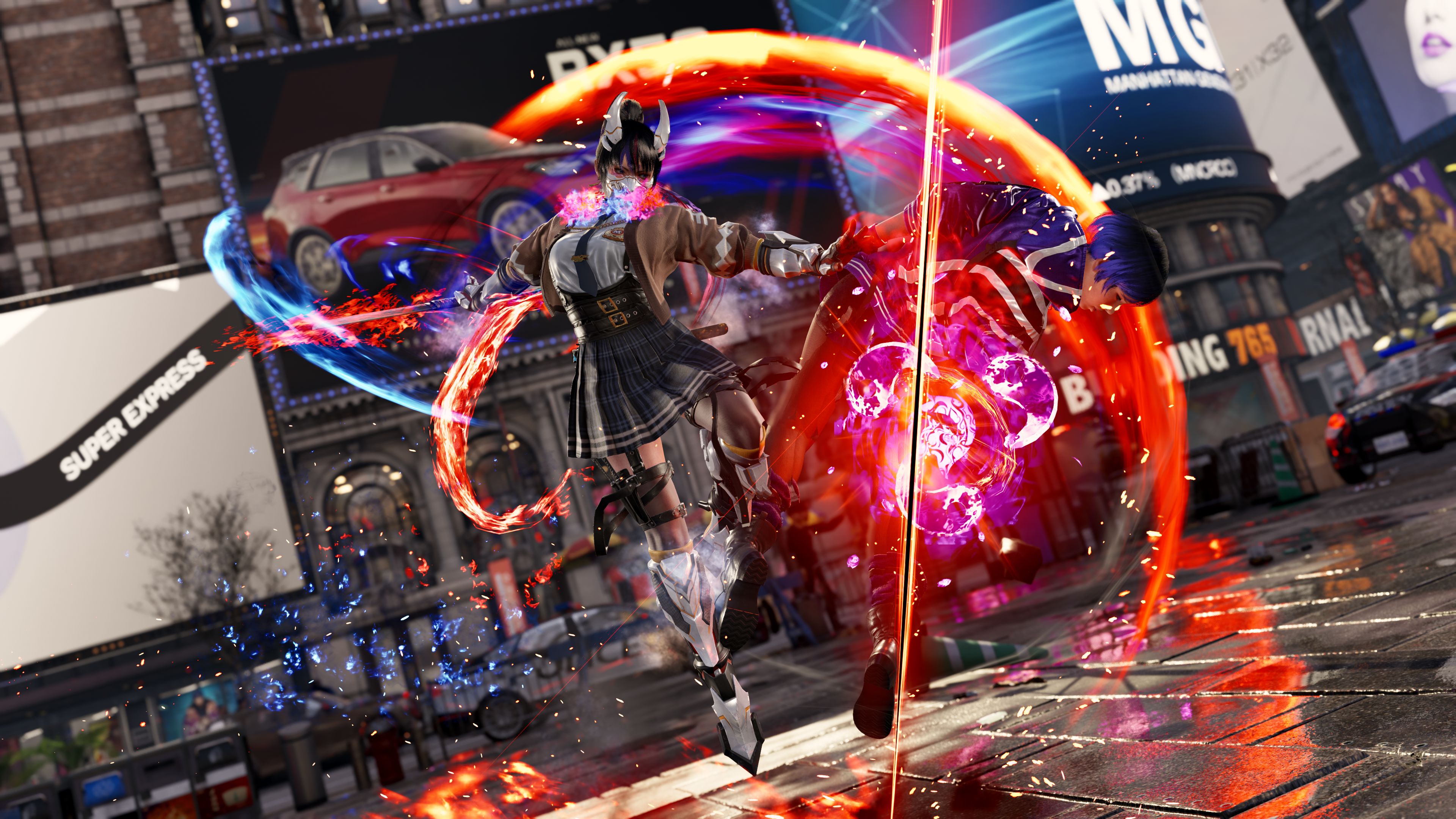 TEKKEN 8 in-game screenshot of Kunimitsu performing a blade attack with fire and energy effects