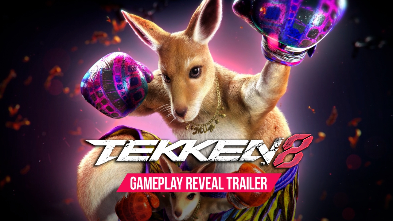 Kangaroo fighter Roger Jr raises her boxing gloves under the TEKKEN 8 logo, joey in her pouch. Text: Gameplay Reveal Trailer.