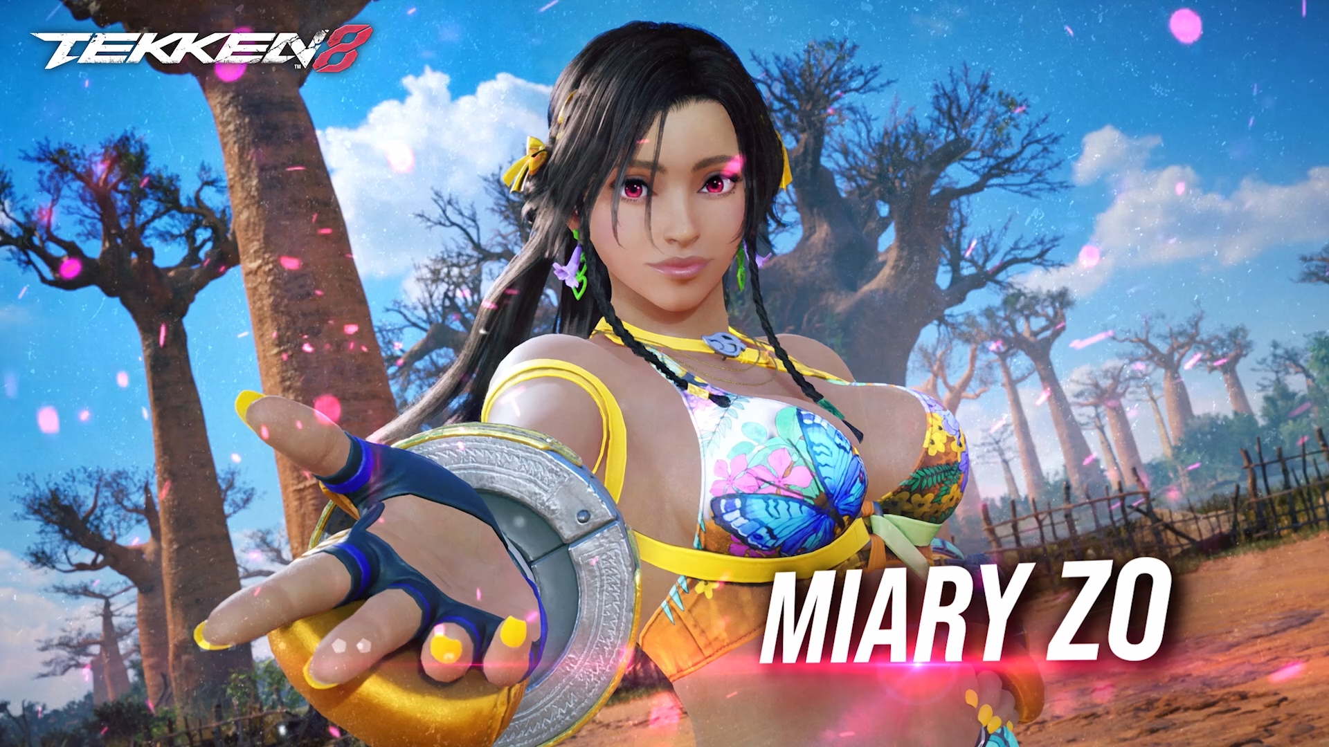 Miary Zo Tekken 8 DLC character showcase with traditional fighting stance against Madagascar baobab tree backdrop