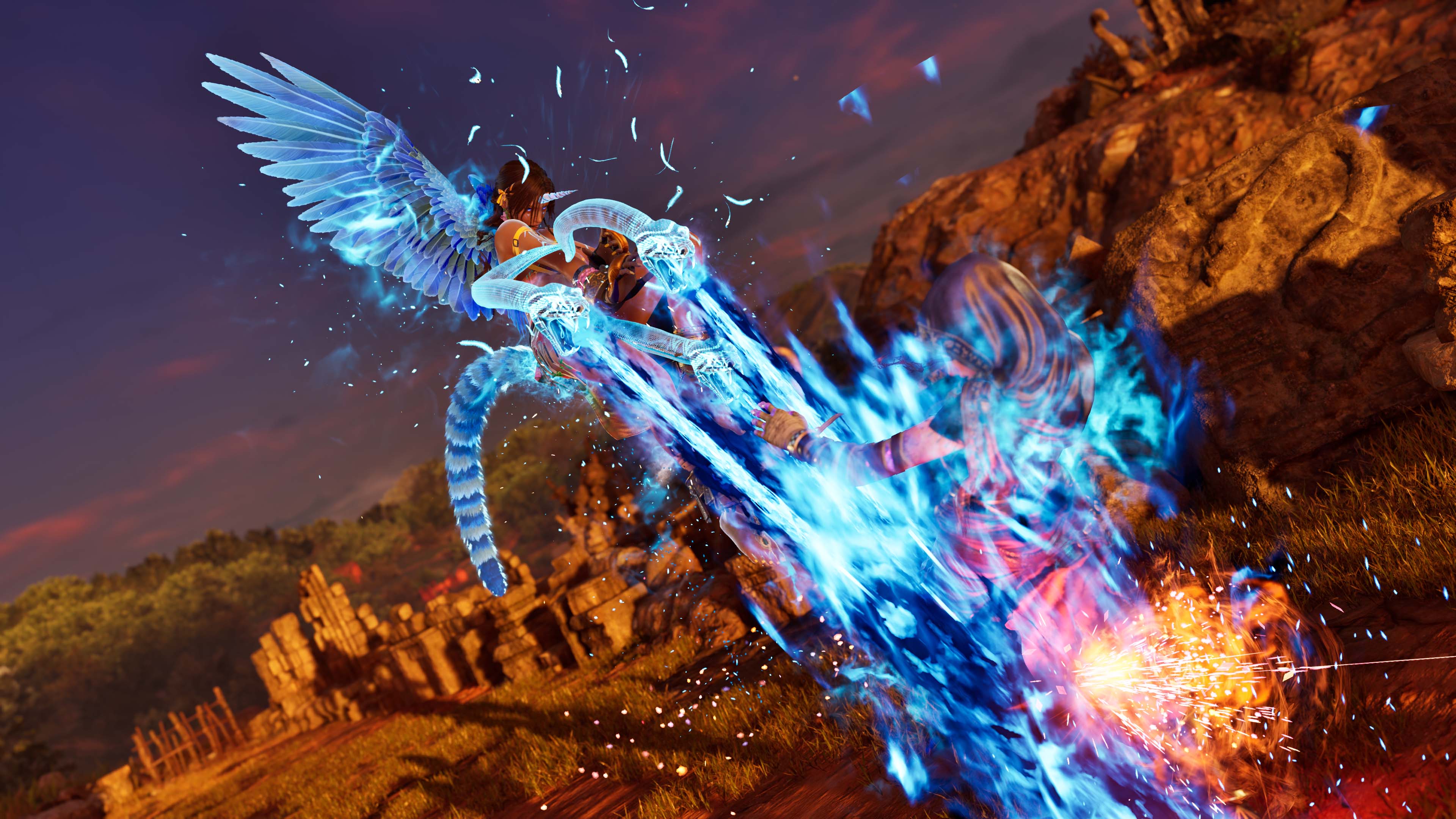 Miary Zo unleashing special move with ethereal blue wings and energy effects in Tekken 8 combat gameplay