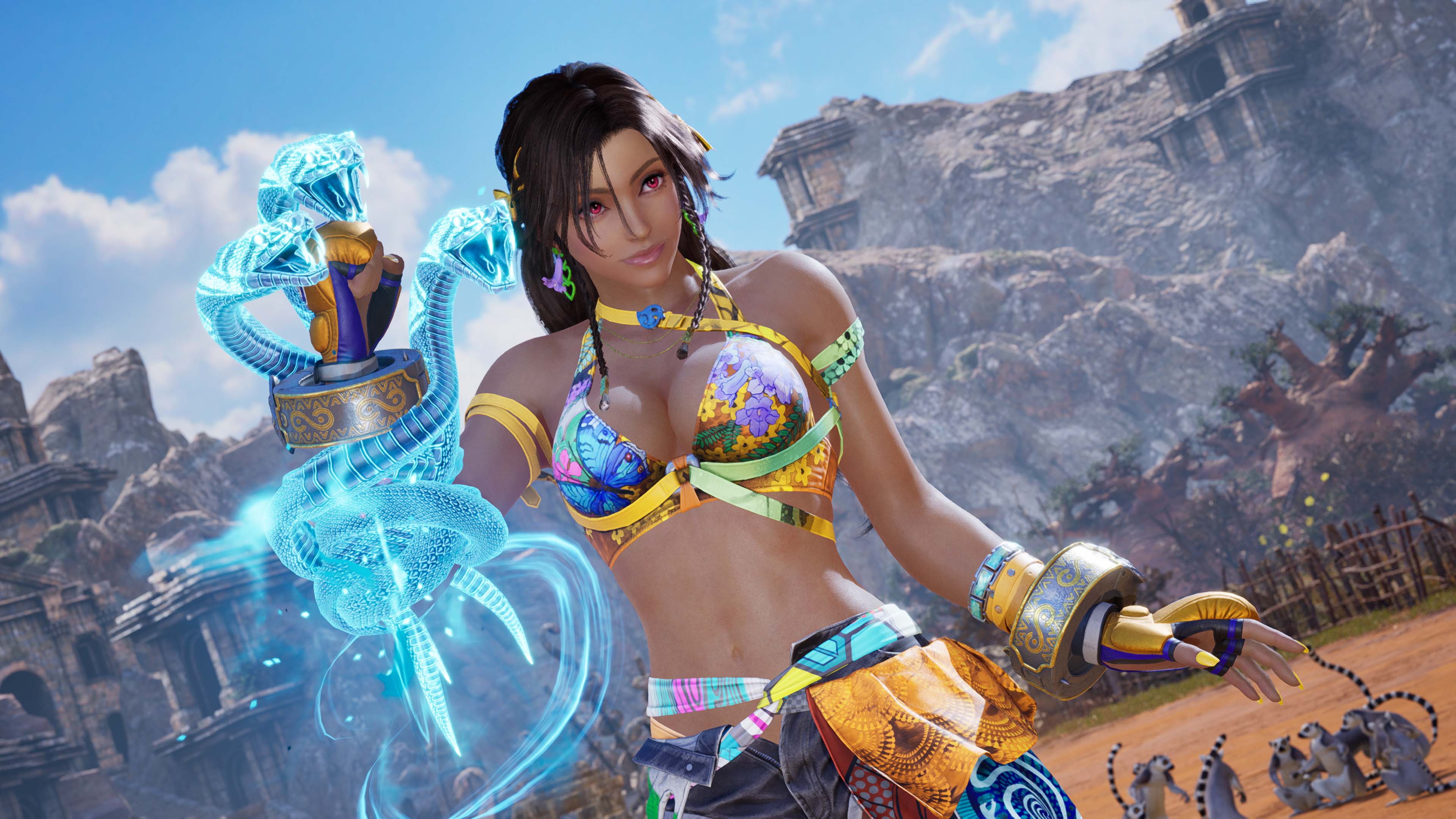 Miary Zo summoning ethereal serpent spirit with ornate gauntlets in Tekken 8 Madagascar-inspired battle arena