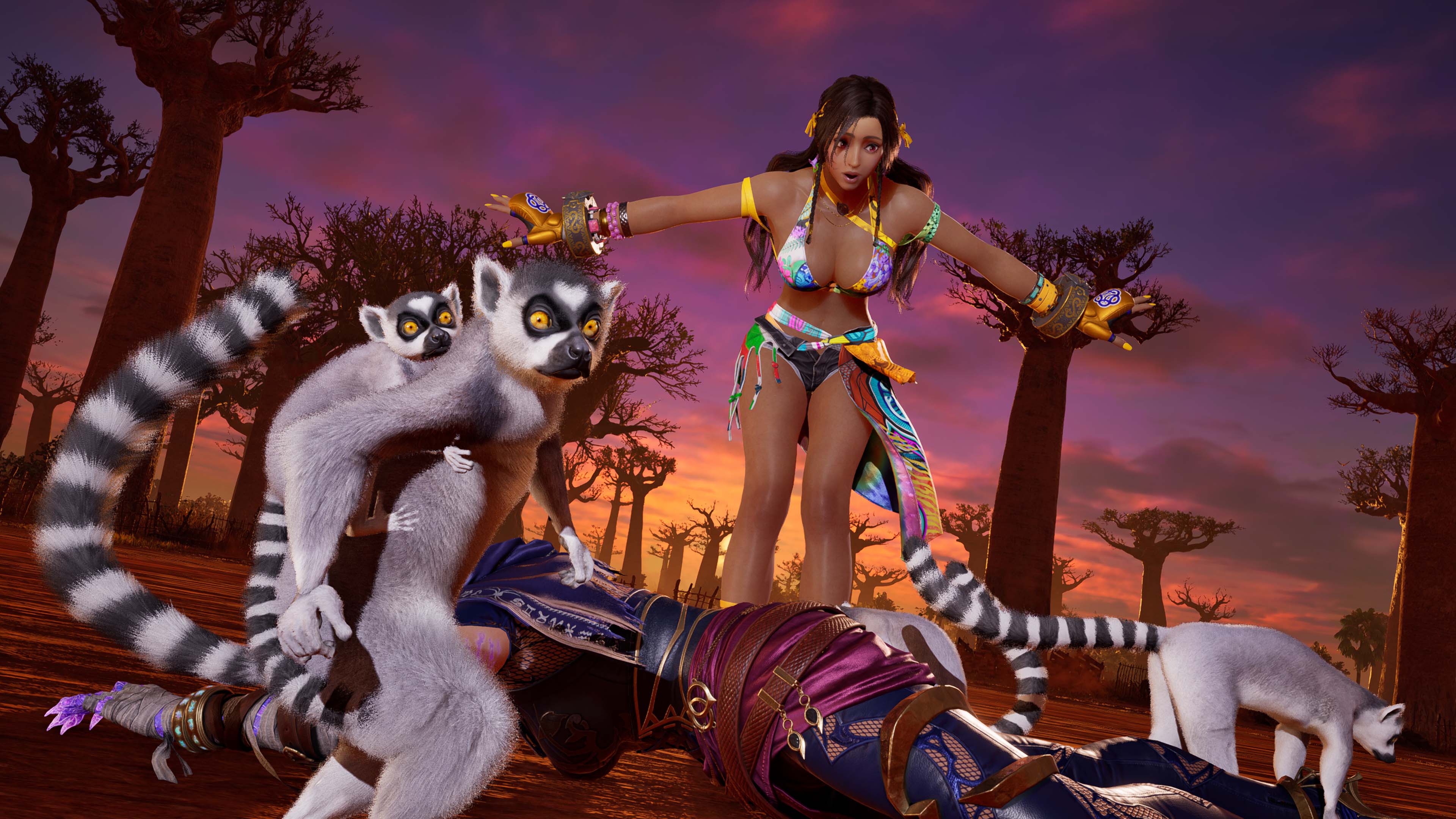 Miary Zo Tekken 8 victory pose with ring-tailed lemurs in Madagascar sunset setting among baobab trees and fallen opponent