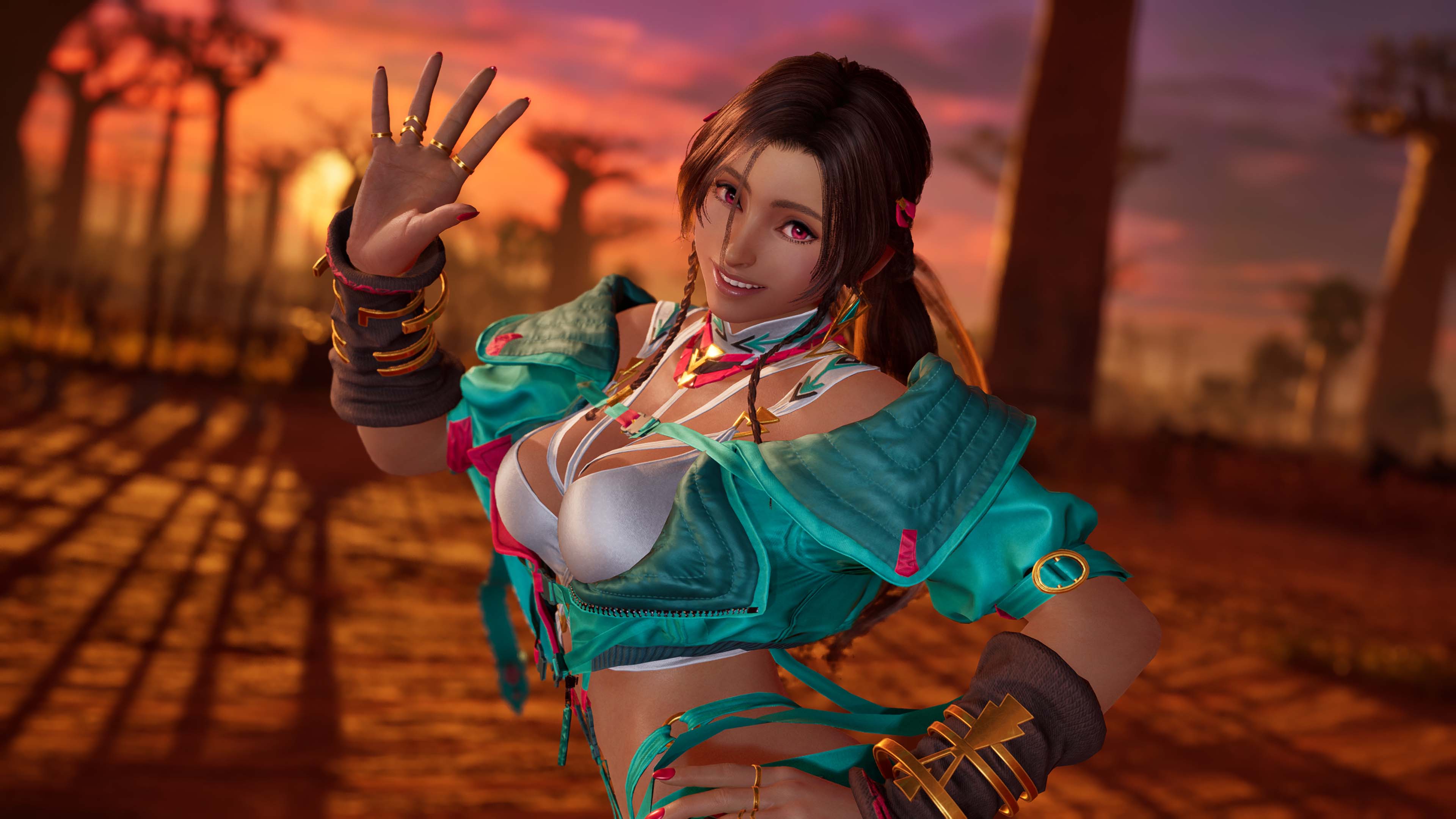 Miary Zo in turquoise alternate costume with golden arm rings performing taunt gesture in Tekken 8