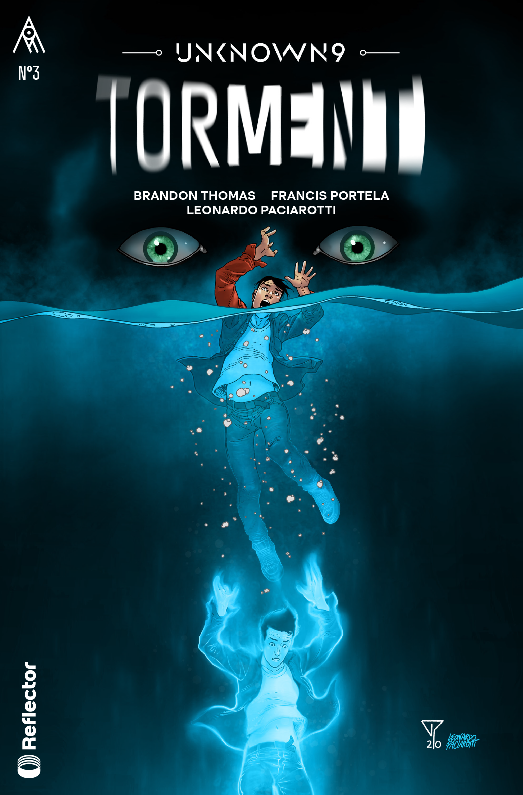 Unknown 9: Torment Issue #3 cover featuring Jaden Crowe being sucked under water under the gaze of two piercing green eyes.