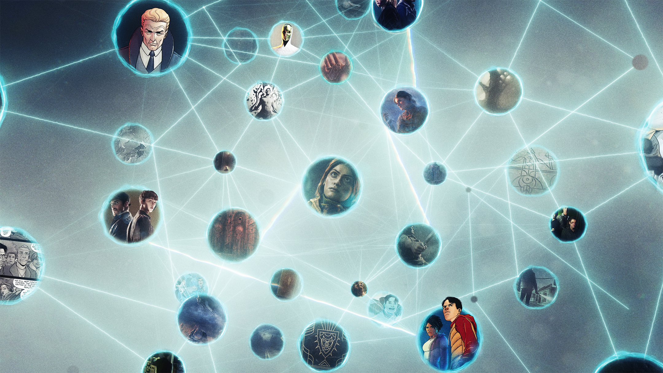 The Unknown 9 universe's characters, displayed linked together through Umbric energy rings.