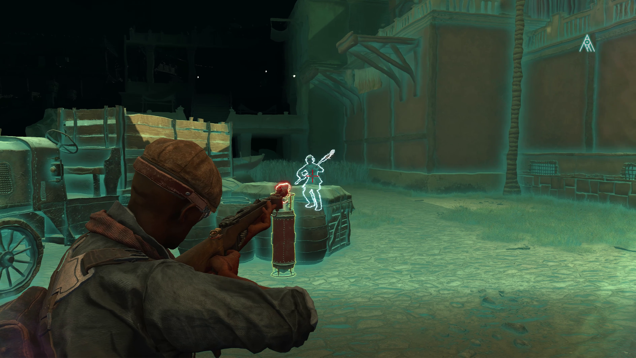 Haroona is Stepped into an Ascendant soldier and taking aim at an enemy.